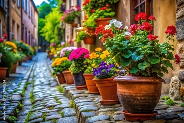 Obraz Macro Photography: Colorful Pots Overflowing on a Cobblestone Street