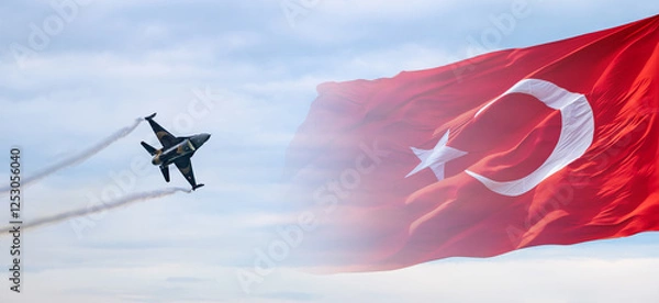 Fototapeta Turkish Soloturk F-16 fighter jet flying against backdrop of Turkish flag. Soloturk F-16 fighter jet performing an airshow, with flag waving in background. Air force aerobatics. Banner, wallpaper