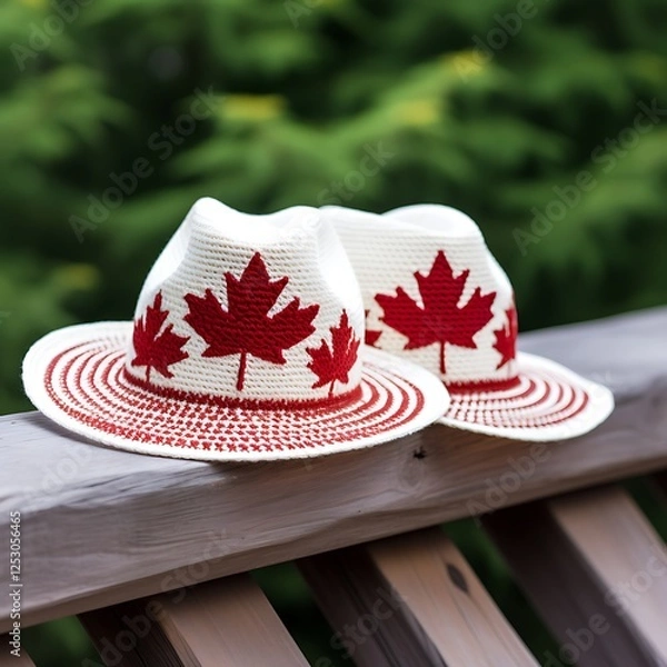 Fototapeta A close-up of a pair of red and white hats with maple leaf designs, resting on a wooden railing with a Canadian flag in the background, celebrating Canada Day.