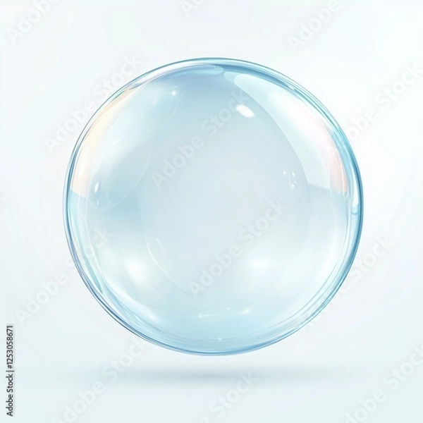 Fototapeta A realistic illustration of a translucent blue bubble, detailed with soft reflections and delicate highlights, appearing perfectly round and glossy, placed on a clean white background.