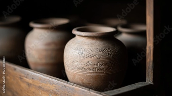 Fototapeta Beautifully crafted clay pots lined up on a wooden shelf, showcasing intricate designs