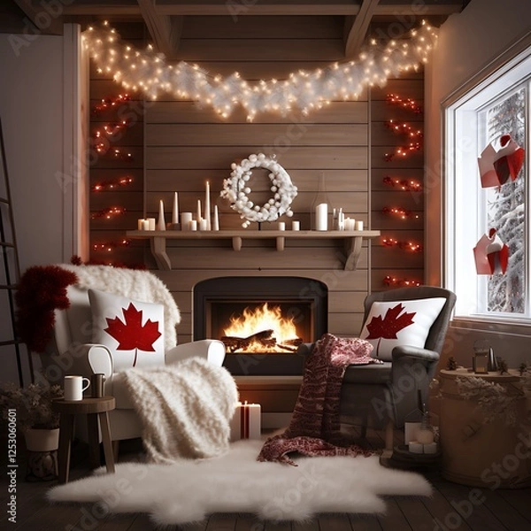 Fototapeta A cozy indoor scene with a fireplace decorated with red and white garlands, a Canadian flag hanging above, and a mug of hot cocoa with a maple leaf design, celebrating Canada Day.