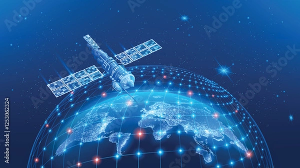 Fototapeta Vector abstract futuristic image. Realistic space communication satellite flies over the surface of planet Earth. Global Internet communication system, innovations and modern technologies. Planet Eart