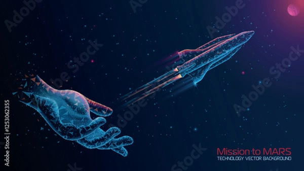 Fototapeta Vector illustration. Polygonal style. Technological abstract futuristic dark blue background. Human hand launches space satellite to planet Mars. Glow effect. Future, technology and innovation. 