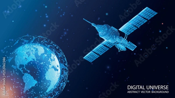 Fototapeta Vector realistic illustration. Blue abstract technology background with planet Earth and space satellite in polygonal style. Internet satellites transmit signals. Map of the planet. Future. 
