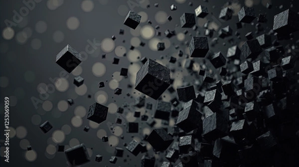 Fototapeta Abstract 3D rendering of chaotic particles. Flying cubes in empty space, design for poster, banner, sign, Futuristic background with bokeh,	
