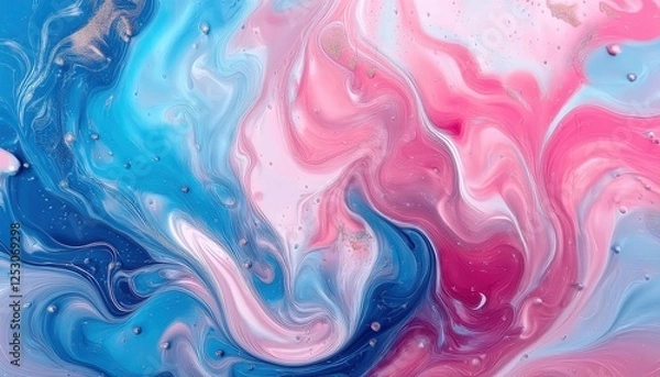 Fototapeta vibrant pink and blue fluid art painting with abstract cosmic swirls, marble texture, and liquid flow for modern wall decor

