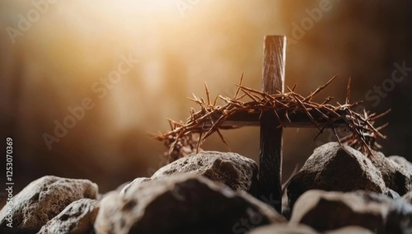 Obraz Crown of thorns on rocky ground with a wooden cross in the background at sunrise, symbolic Christian scene