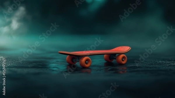 Fototapeta A vibrant skateboard rests on a reflective surface, surrounded by an atmospheric mist