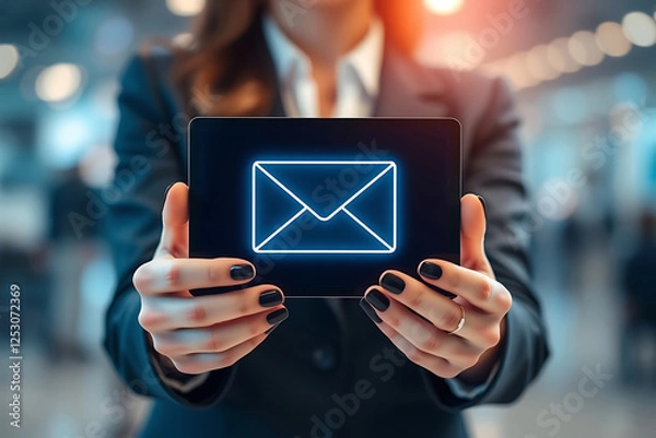 Fototapeta woman hands holding an email envelop icon. virtual postal envelope, internet and networking concept.
