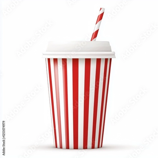 Fototapeta A realistic illustration of a red and white striped disposable cup with a white lid and straw, featuring a glossy surface and set against a clean white background.