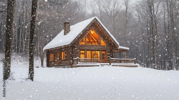 Fototapeta A cozy log cabin nestled in a snowy forest, warmly lit from within, creating a picturesque winter retreat surrounded by snow-covered trees and falling snowflakes