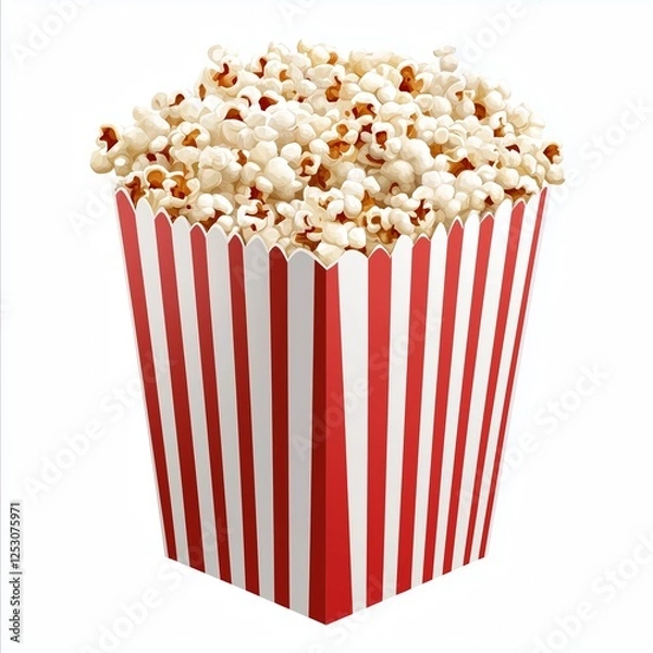 Obraz A realistic illustration of a red-and-white striped popcorn box overflowing with fluffy popcorn, set against a white background with high clarity and detailed texture.