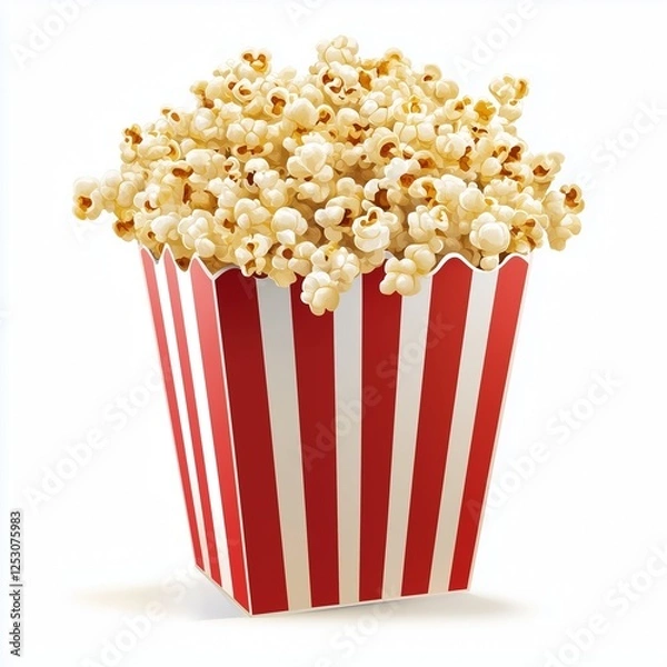 Fototapeta A realistic illustration of a red-and-white striped popcorn box overflowing with fluffy popcorn, set against a white background with high clarity and detailed texture.