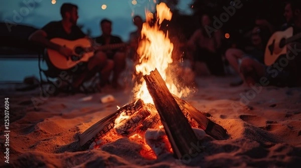Obraz A bonfire on the beach at night, with friends gathered around playing guitar and roasting marshmallows