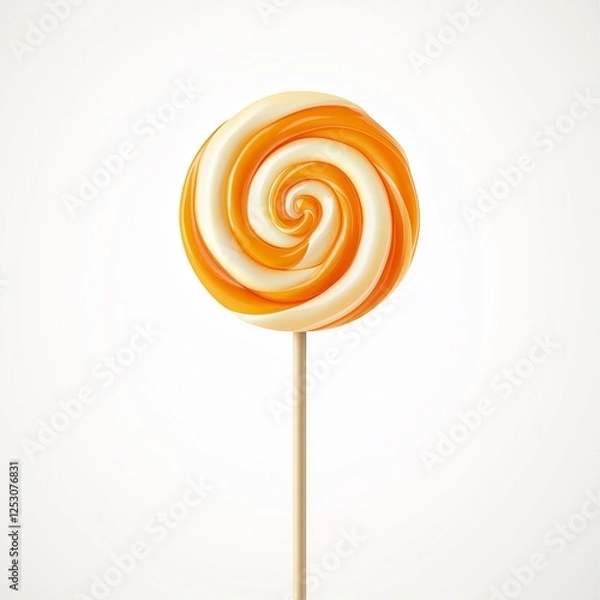 Fototapeta A realistic illustration of an orange and white swirled lollipop with a spiral pattern on a wooden stick, centered against a clean white background with vivid details.