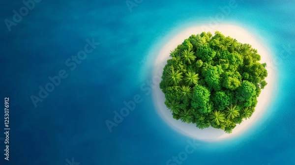 Fototapeta Aerial view of a lush green island surrounded by vibrant blue waters. The dense foliage showcases the beauty of nature, symbolizing tranquility and environmental conservation.