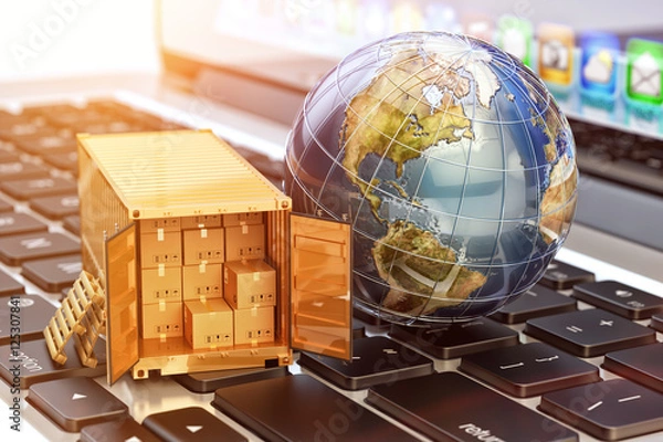 Obraz Zakupy internetowe i handel elektroniczny, koncepcja dostawy paczek, globalny biznes transportu towarów, kontener ładunkowy z kartonami i kula ziemska na laptopie