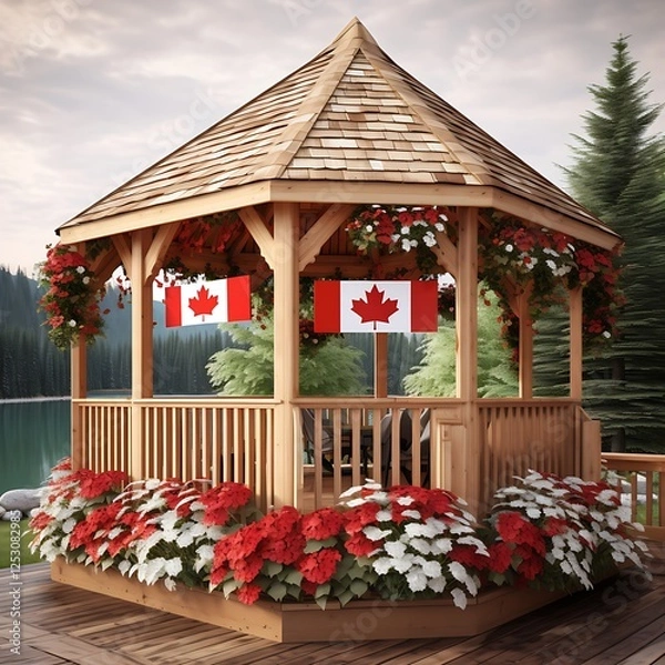 Fototapeta A scenic view of a wooden gazebo surrounded by flowers, with red and white decorations and a Canadian flag flying from the roof, celebrating Canada Day.