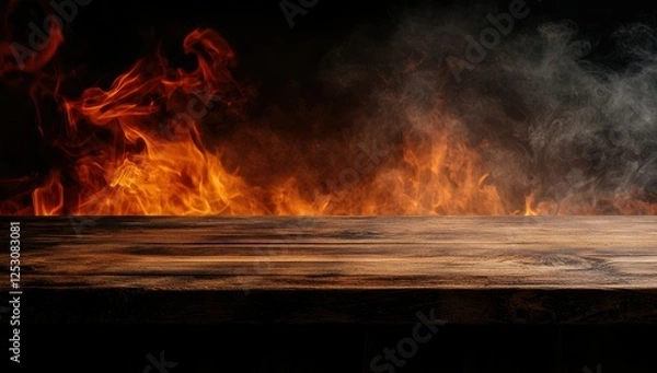 Obraz Rustic wooden table with smoke and fire on a dark background, dramatic burning scene
