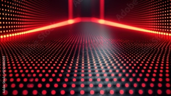 Fototapeta Futuristic LED Light Tunnel with Red Neon Dots and Reflections