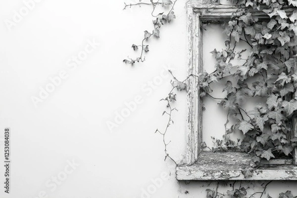 Fototapeta Overgrown ivy clinging to a weathered, white window frame against a stark white wall.