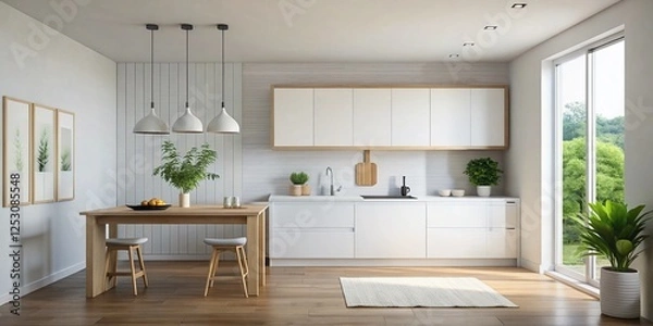 Fototapeta Minimalist White Kitchen Mockup: Empty Canvas Frame on Clean Wall