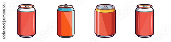 Fototapeta Cartoon Soda Cans with Various Designs - A set of cartoon soda cans with different designs, ideal for beverage, refreshment, and drink-related themes.

