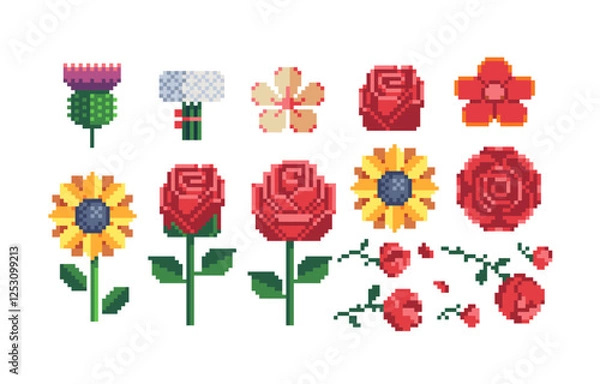 Fototapeta Flower pixel art 80-s style icons set. Red rose sunflower sakura. Flowers and wedding bouquet isolated vector illustration design for logo shop, stickers, embroidery, mobile app. 8-bit.