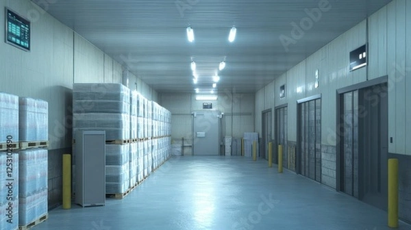Fototapeta Interior of a modern cold storage facility, showing stacks of frozen pallets and temperature-monitoring systems on the walls, with a clean and organized layout.
