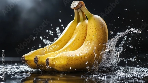 Fototapeta A bunch of fresh ripe bananas with water droplets and dramatic splashes on a black background. The golden-yellow peel glistens in the light, emphasizing their juiciness and natural freshness