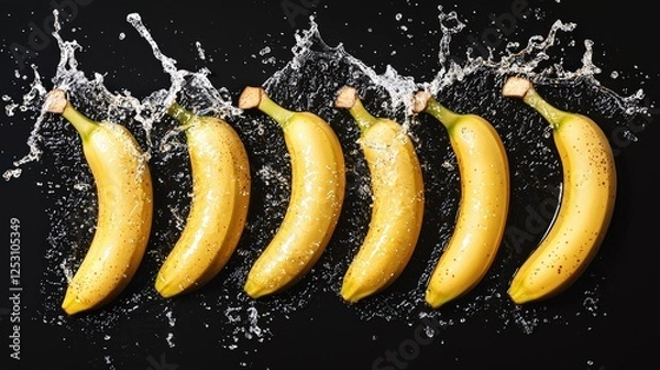 Fototapeta A row fresh bananas with water droplets and dramatic splashes on a black background. The golden-yellow peel shines under the light, creating a sense of freshness and juiciness