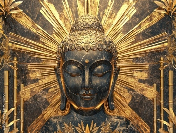 Fototapeta A golden Buddha head surrounded by bamboo leaves, with gold and gray as the background color, surrounded by patterns of lines