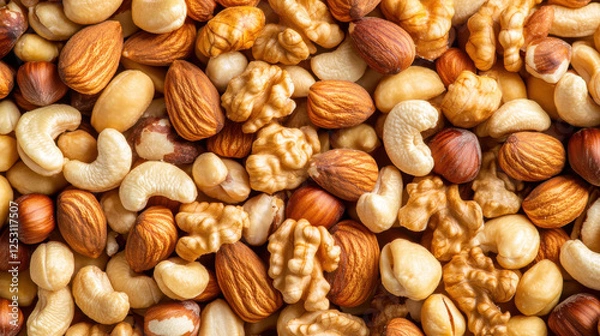 Fototapeta Close up of mix of roasted nuts including cashews, almonds, walnuts, and hazelnuts, showcasing their rich textures and colors, perfect for snacking or cooking