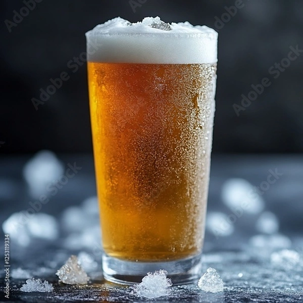 Fototapeta Refreshing Pint of Golden Beer with Ice Cubes on Dark Background