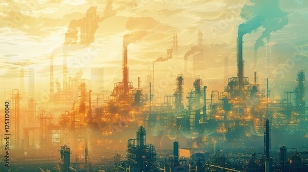 Obraz Future factory plant and inventive energy industry concept in creative graphic design. Oil, gas and petrochemical refinery factory with hologram showing next generation of power and energy business.