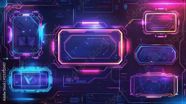 Obraz Game stream frames. Glow theme for live conference of gaming streamers, hud frame twitch streaming media gamer broadcast webcam box video screen, garish vector illustration of game screen futuristic