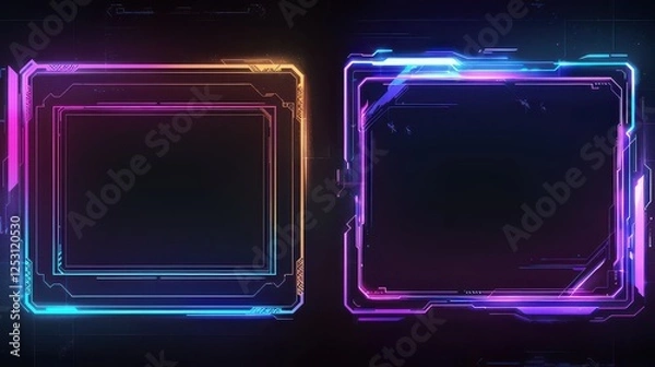 Obraz Game stream frames. Glow theme for live conference of gaming streamers, hud frame twitch streaming media gamer broadcast webcam box video screen, garish vector illustration of game screen futuristic