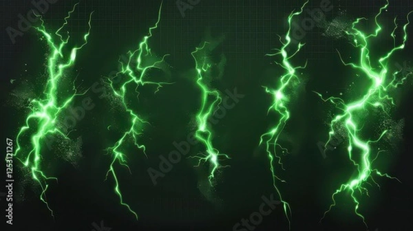 Obraz Glowing green lightnings. Electric storm, power thunder lightening glow effect magical circle energy neon light glowing cracks electrician thunderbolt
