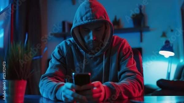 Obraz Hacker or phone scammer in hood hacking at computer and mobile smartphone in dark room