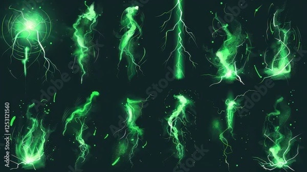 Obraz Glowing green lightnings. Electric storm, power thunder lightening glow effect magical circle energy neon light glowing cracks electrician thunderbolt
