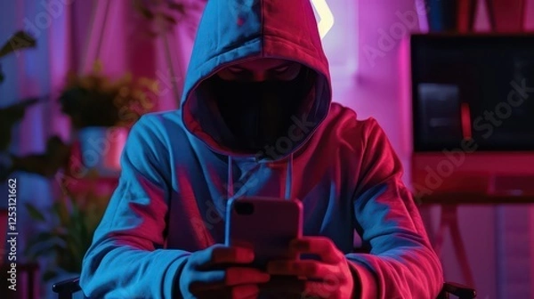 Fototapeta Hacker or phone scammer in hood hacking at computer and mobile smartphone in dark room