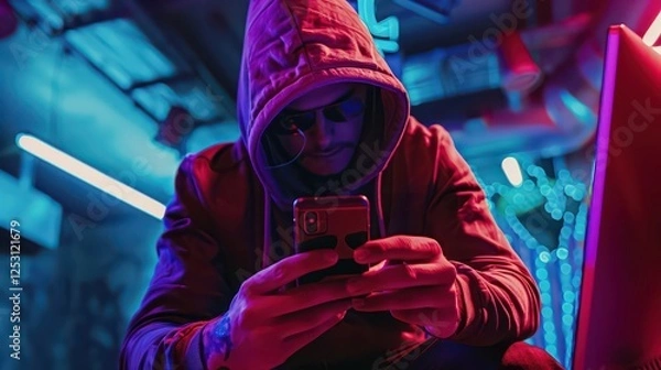 Obraz Hacker or phone scammer in hood hacking at computer and mobile smartphone in dark room