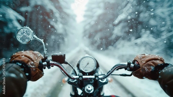 Obraz Hand in glove on motorcycle handlebar in winter, free space for insertion