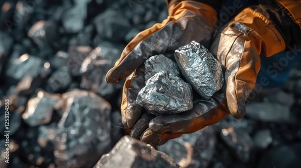 Obraz Miners are depicted holding platinum or silver or rare earth minerals found in a mine for inspection, emphasizing the discovery and evaluation process in mining