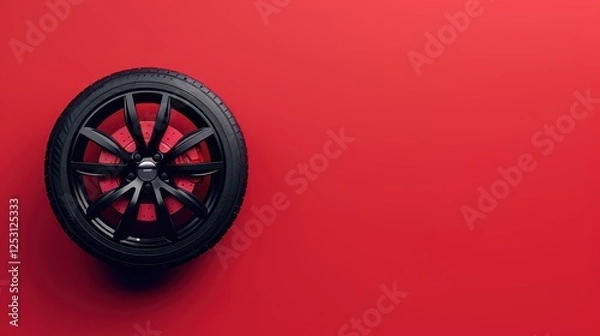 Obraz Modern car wheel with a disk on a red background and engine oil. Advertising poster. Car tires.Advertising banner for the sale