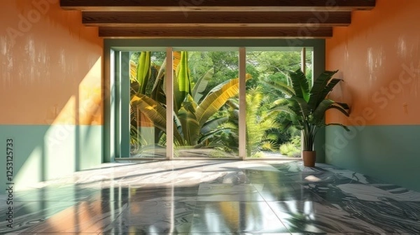 Obraz Modern contemporary loft empty room with open door to garden with sunlight