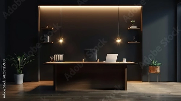 Obraz Open space office with modern wooden furniture, computers on tables.