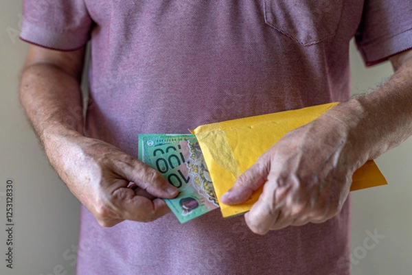 Fototapeta Close-up on a man's hand taking or placing a bundle of one hundred Australian dollar notes into an envelope. Concept illustration for bribing, corruption or cash payment.