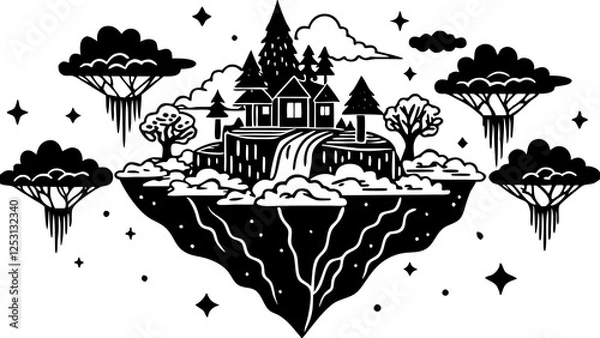 Fototapeta Floating island, medieval castle, fantasy landscape, diamond shape, black and white illustration, flying trees, starry background, whimsical architecture
